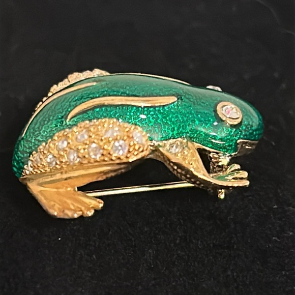 Roman Green Enamel Rhinestone Frog Brooch Pin, Signed - Picture 4 of 13